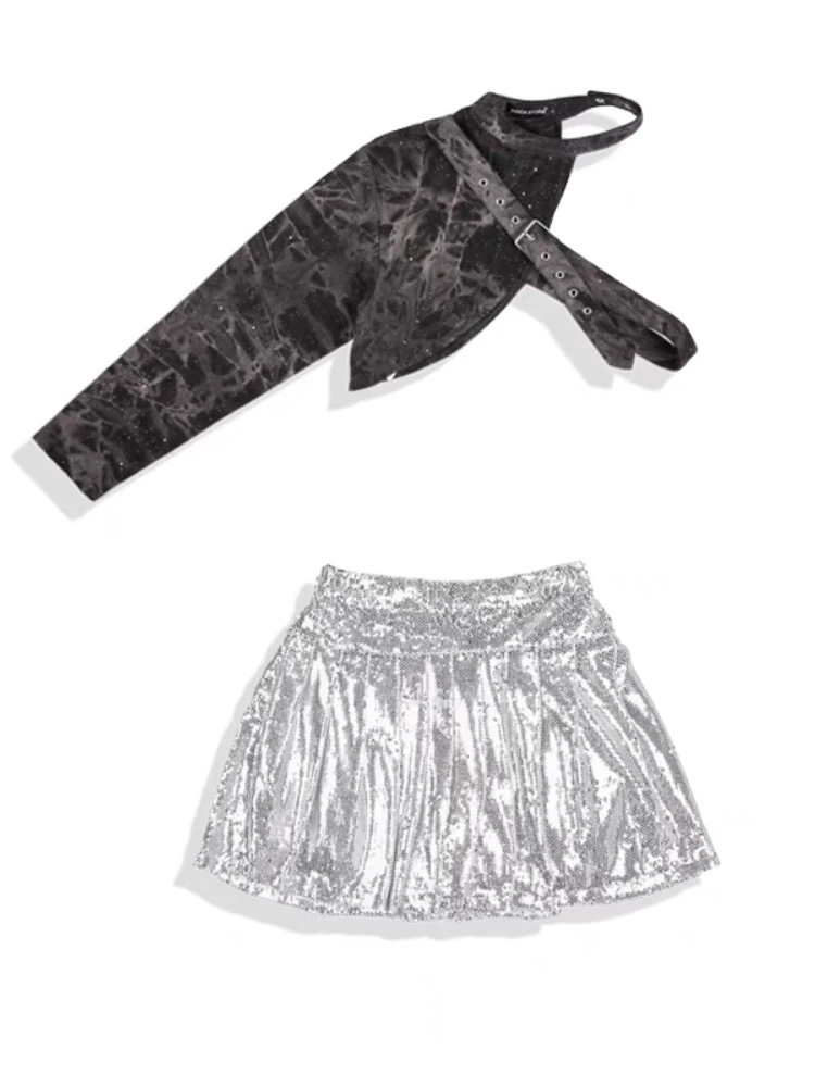 Kids Jazz Hip-Hop Dance Performance Costumes One-Sleeve Tops Silver Skirt Girls Stage Outfit Rave Modern Street Dance Clothes