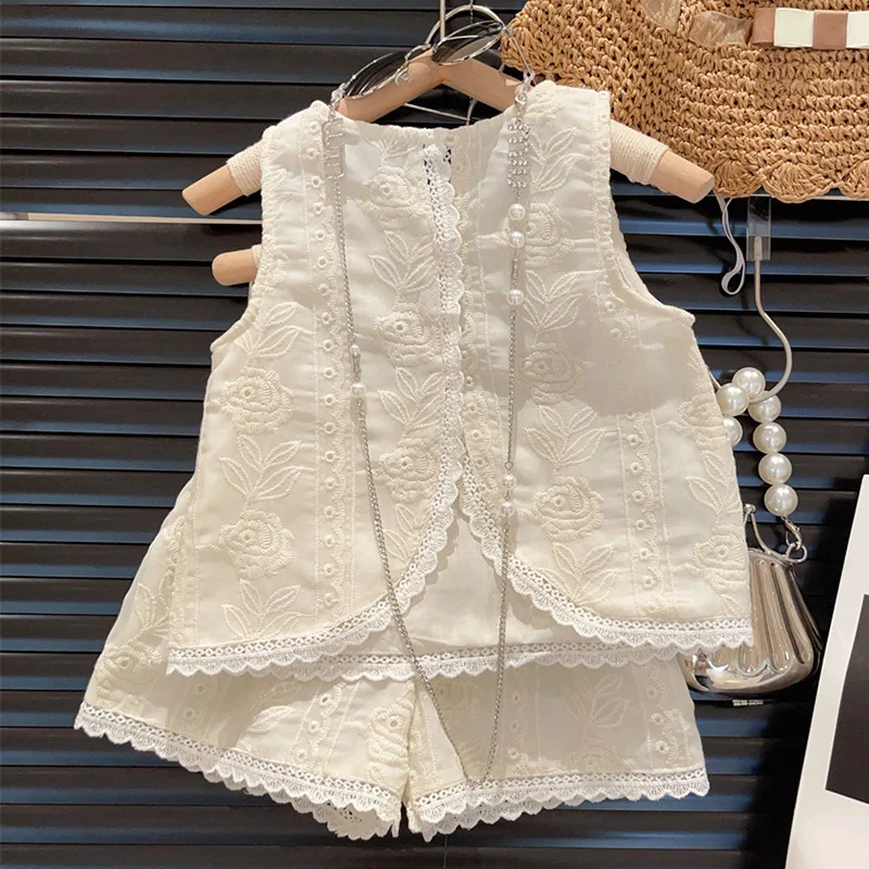 2024 New Summer Korean Style Baby Girls Clothing Set Sleeveless Cotton Embroidered Vest+Shorts 2-7Yrs Children Clothes Suit 1