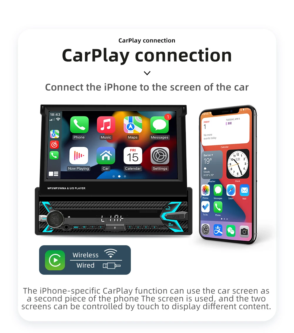 1Din Car Radio Player 7"MP5 Player Retractable Touch Screen Car Wireless CarPlay Android Auto Mirror Link Video USB TF BT Player 4 1Din Car Radio Player 7"MP5 Player Retractable Touch Screen Car Wireless CarPlay Android Auto Mirror Link Video USB TF BT Player - Image 4