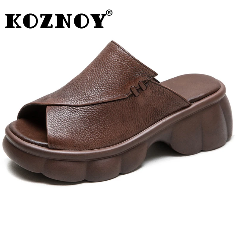 

Koznoy 5.5cm 2024 Women Peep Toe Cow Genuine Leather Moccasins British Platform Wedge Ladies Mary Jane Slipper ROME Summer Shoes