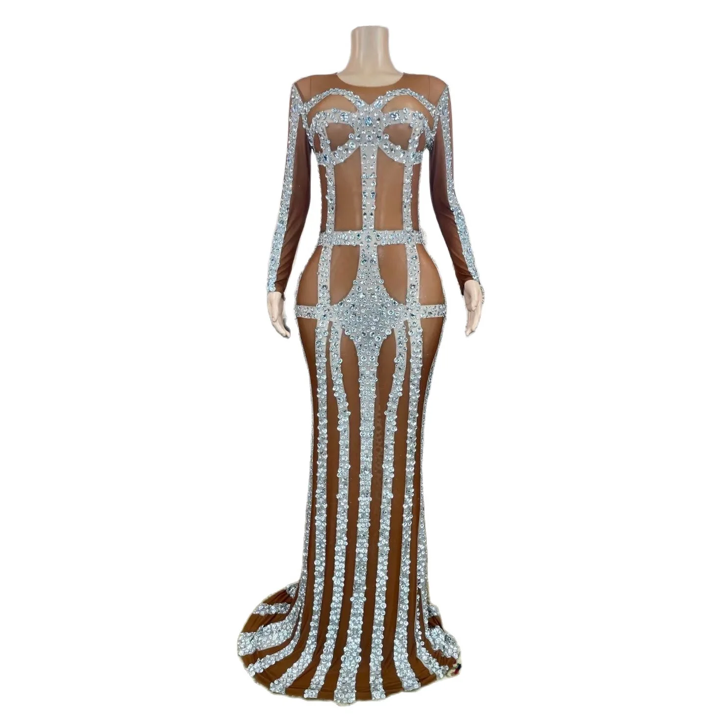 

Brown Shining Rhinestones Sexy Long Dress For Women Evening Celebrity Clothing Singer Stage Costumes Banquet Ballroom Wears