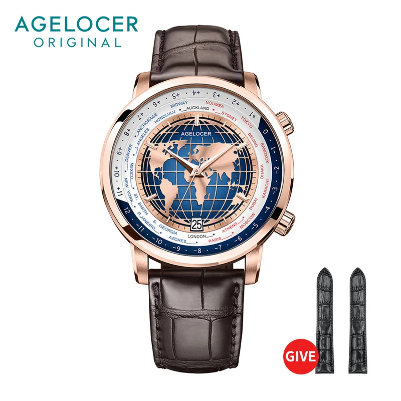 AGELOCER Men's Top Brand Blue World Time Automatic Mechanical Dress Analog Calendar Fashion Luxury Stainless Steel Watch manhua 24h 12vdc 15a din rail timer switch tb35 analog time control switch mechanical time controller