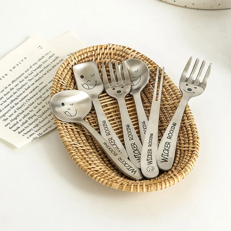 Stainless Steel 304 Kids Cutlery Cartoon Smiling Pattern Carving Child Tableware Cute Spoon Fork Set Baby Feeding Flatware