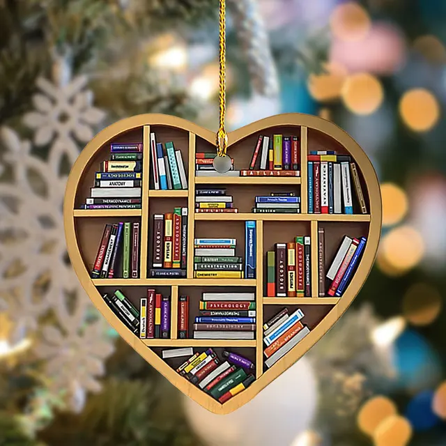Book Lovers Heart Shaped Bookshelf Pendant Ornament Christmas Tree Decor Gift