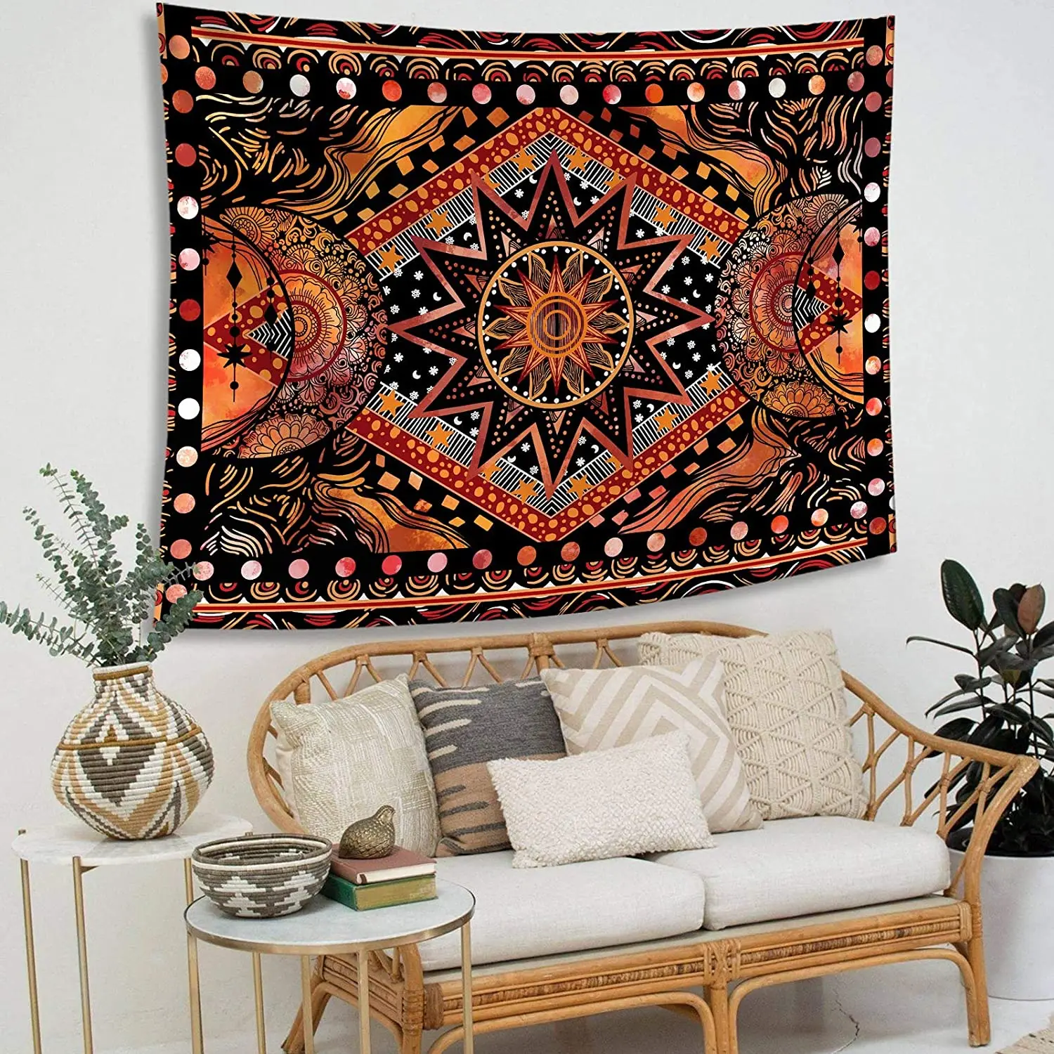 Orange Sun and Moon Tapestry Wall Hanging Indie Hippie Mandala Cool Wall Tapestries Aesthetic Tapestry for Bedroom Living Room tapestry decor