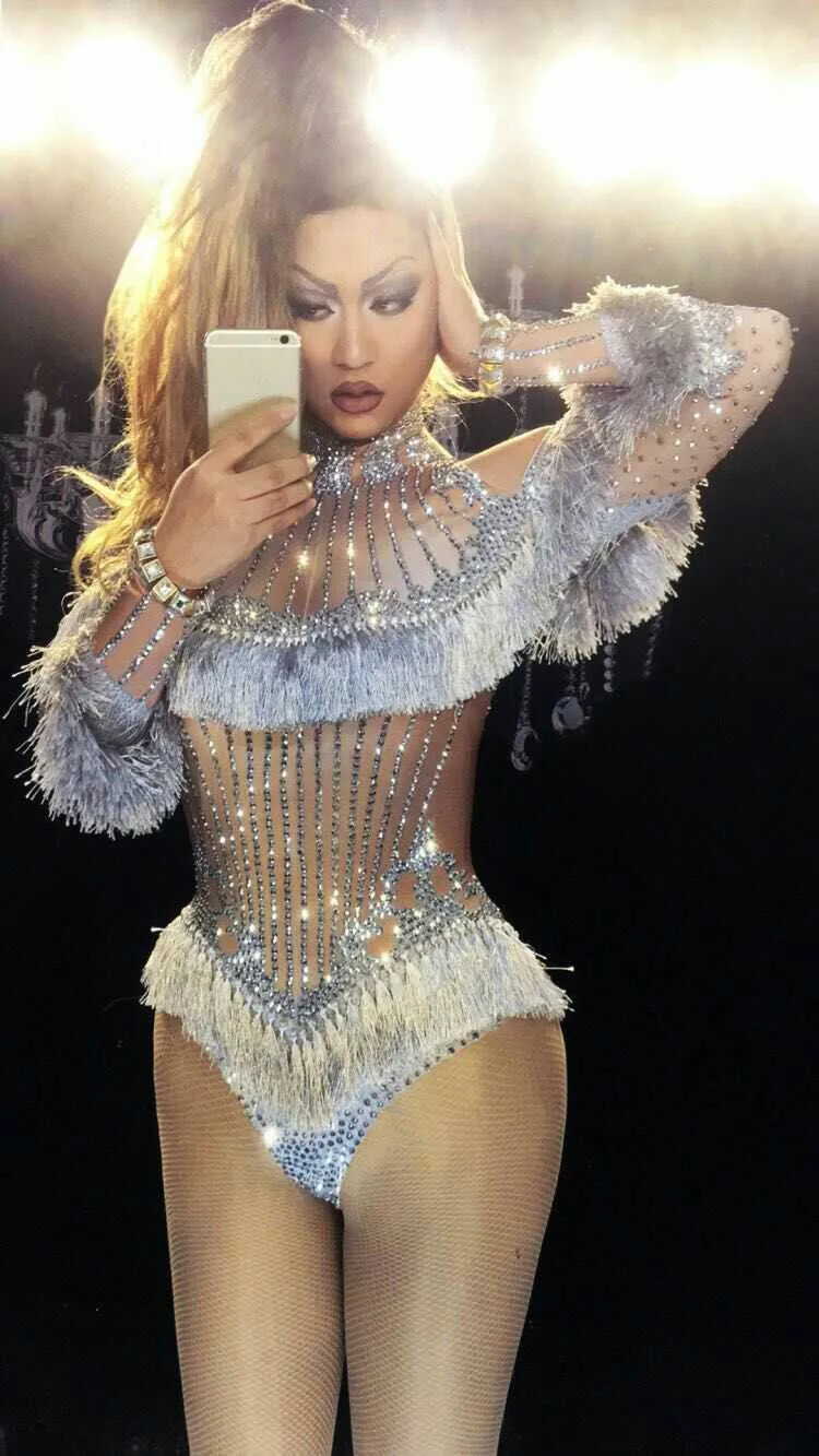 

Women Singer DJ DS Costume Bar Dancer Teams Performance Stage Wear Sexy Show Silver Tassels Bling Rhinestones Bodysuit Nightclub