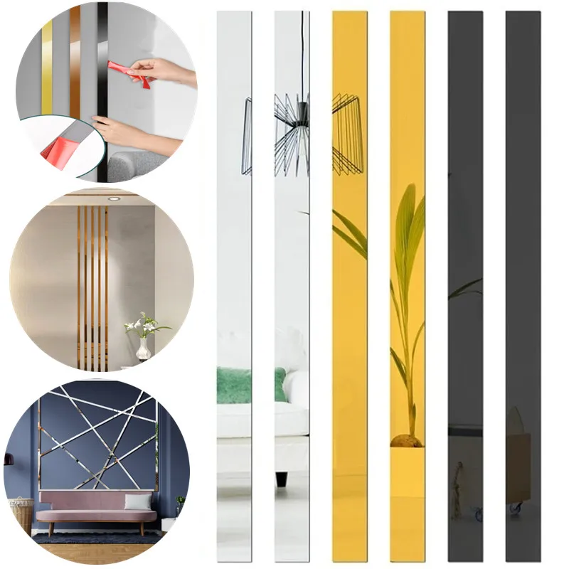 3D Mirror Wall Sticker 6 Colors DIY Acrylic Flat Decorative Lines Wall Ceiling Edge Strip Gold Living Room background Decoration wall sticker wall stickers
