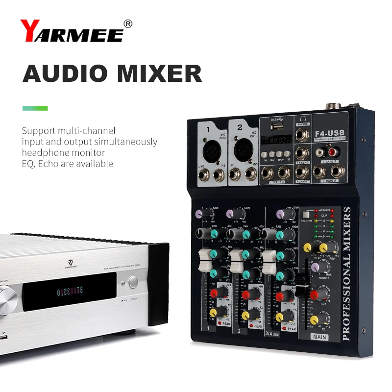 Bluetooth Portable Audio Mixer USB Record Computer DJ Sound Mixing Console 4 Channel Karaoke Amplifier System 48V Phantom Power