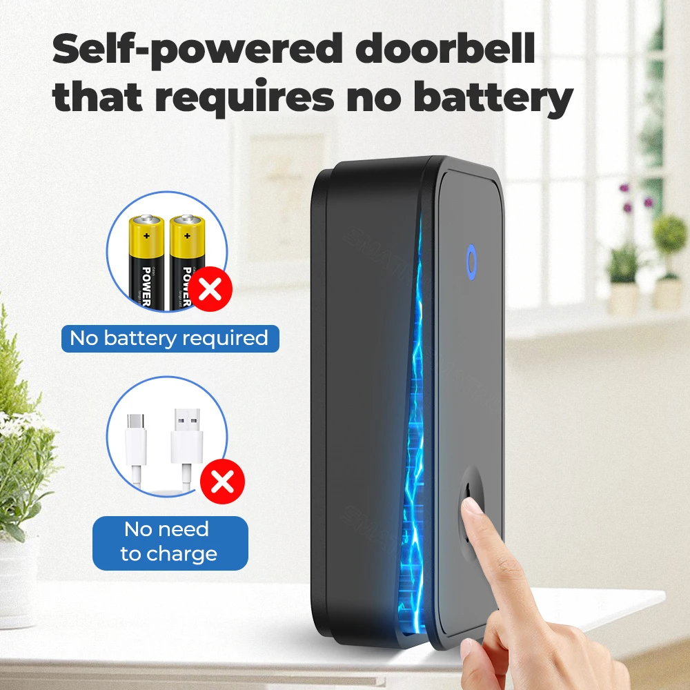 Wireless Doorbell Self Powered Waterproof Wireless DoorBell Door Bell Chime Ring No Battery Electric EU UK US Plug Smart Home 1 2 Button Receiver