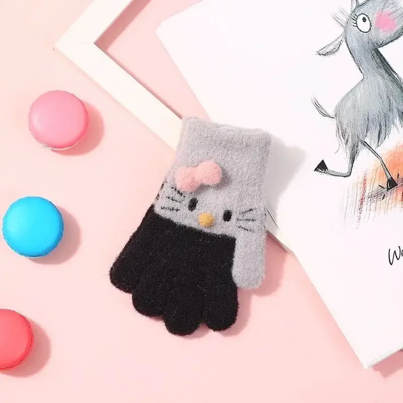 Knitted Gloves Children Gloves Sanrio Hello Kitty Gloves Kawaii Soft Warm Children's Knitted Gloves Cute Girl Rabbit Wool Knitted Thermal Full Finger