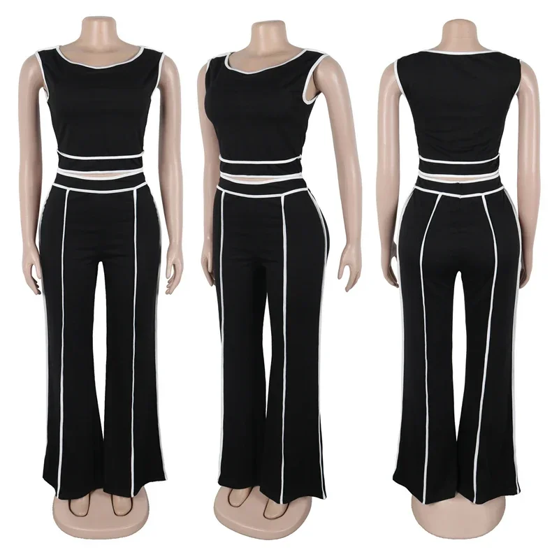 Casual Striped Summer Outfits for Woman 2 Piece Set Sporty Fitness Crop Top and Wide Leg Pants Workout Matching Sets Ensemble