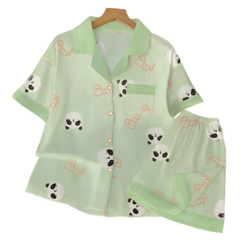 Summer Women's Ice Silk Fashion New Cartoon Pajamas Homewear Set Girls Color Collision Lapel Short-Sleeved Casual Homewear Set 25 Summer Women's Ice Silk Fashion New Cartoon Pajamas Homewear Set Girls Color Collision Lapel Short-Sleeved Casual Homewear Set - Image 5