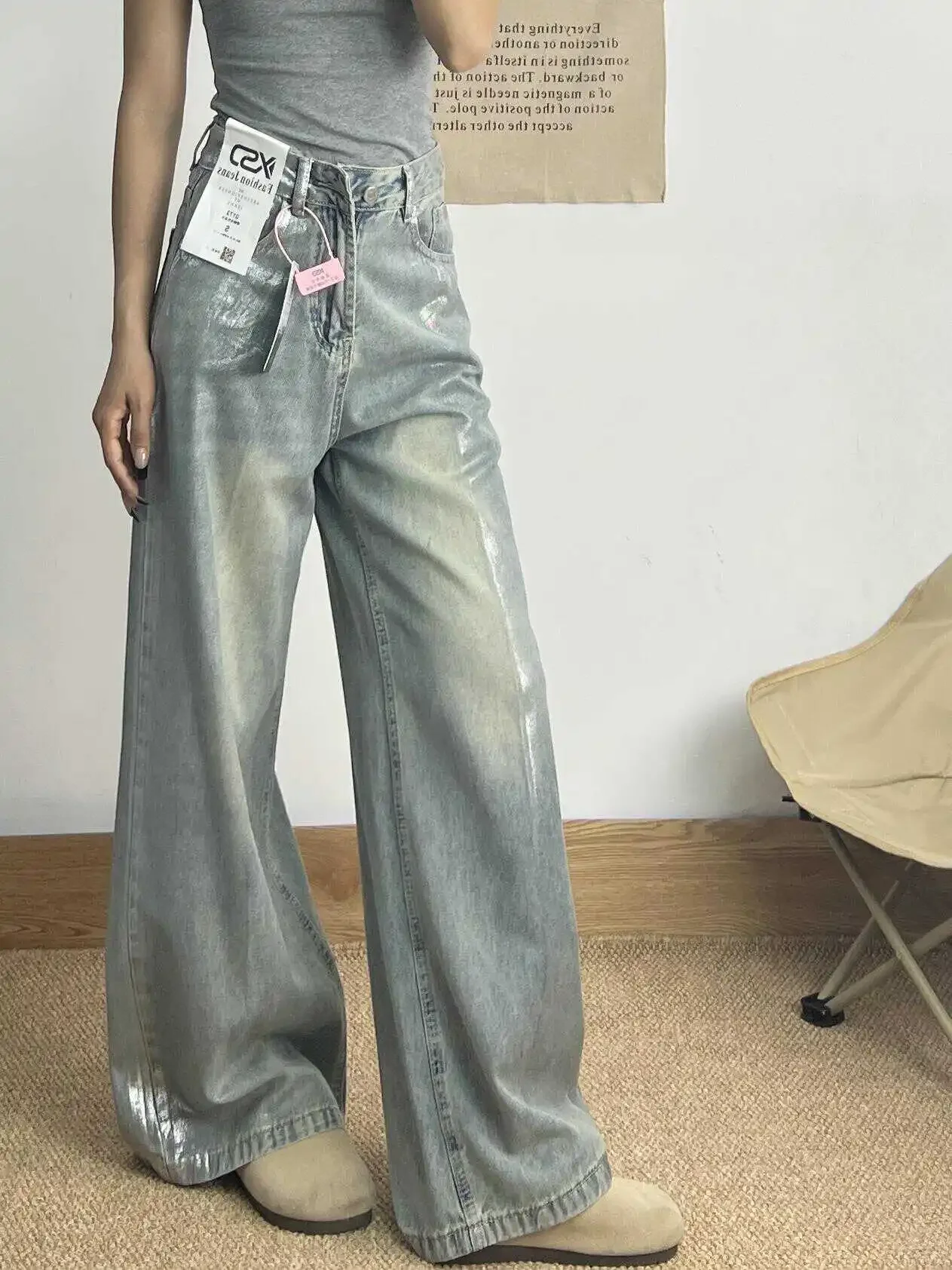 Grey Jeans Women 90s Vintage Personality High Waisted Straight Trouser Streetwear Casual Loose Girl Wide Leg Classic Denim Pants 2
