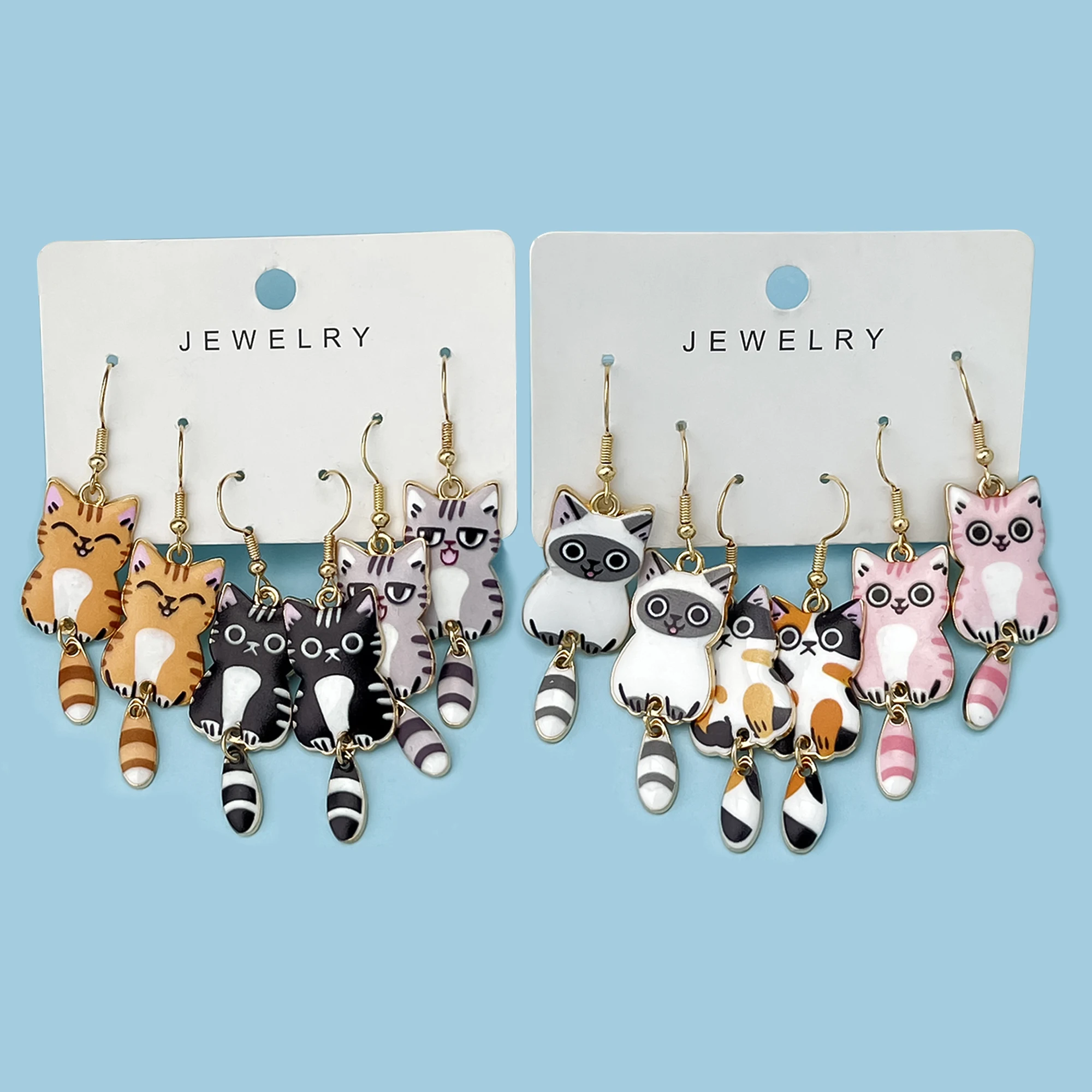 3 pares nuevos y divertidos pendientes colgantes de aleación de esmalte con cola de gato, conjunto de joyería con orejas de gato de colores, regalo encantador para mujeres y niñas