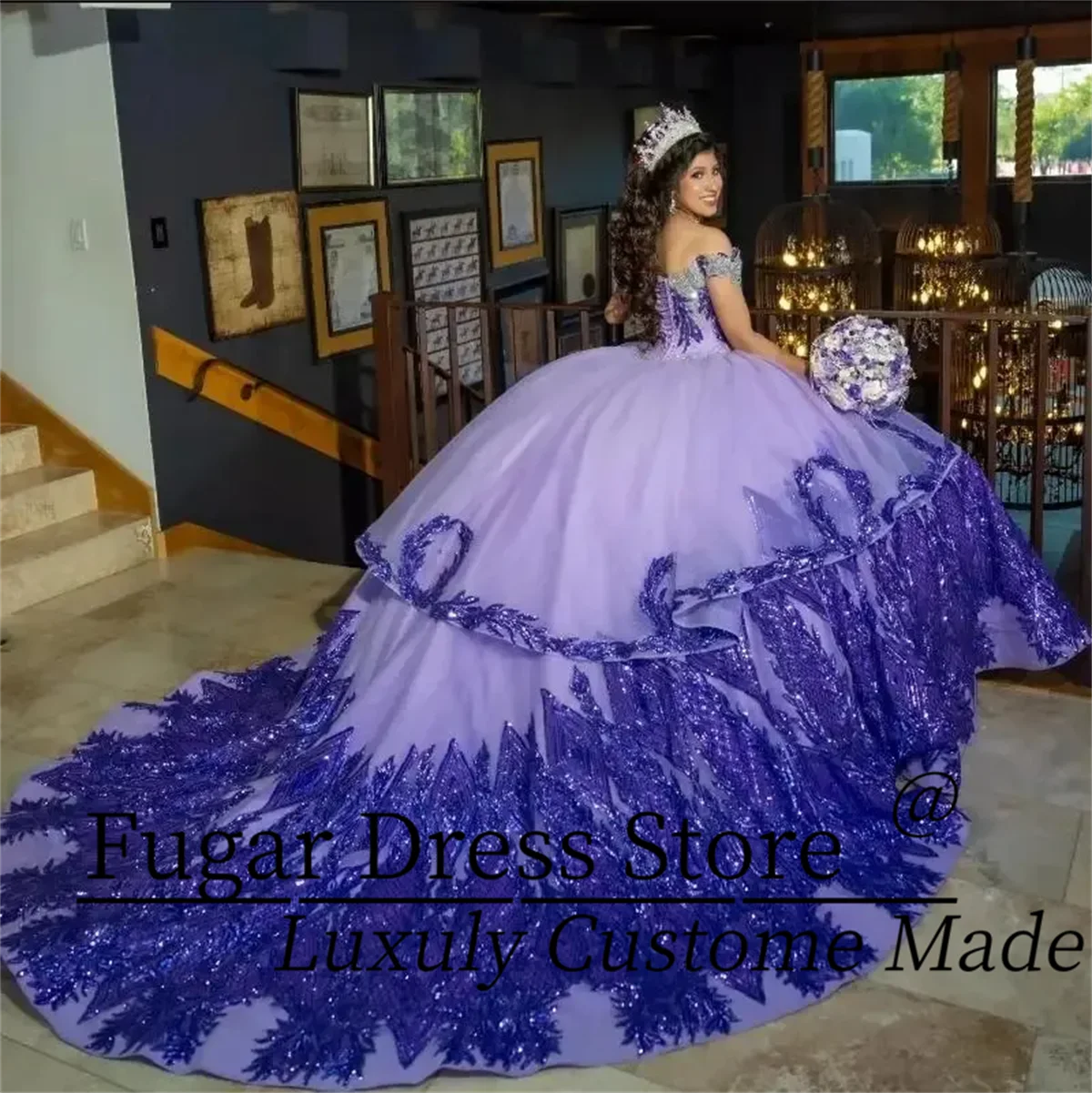 Luxuly Purple Fashion Quinceanera Shiny Dresses Lace Appliques Beads Mexican Sweet 16 Ball Gown Vestidos Butantes 15 Anos
