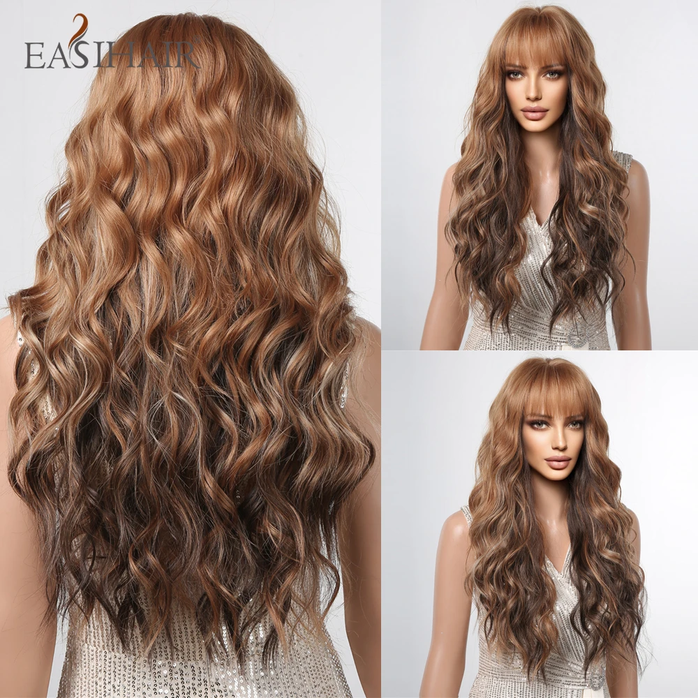 

EASIHAIR Mixed Brown Kinky Curly Wave Synthetic Wigs with Bangs Long Deep Wave Copper Ginger Hair for Women Daily Heat Resistant