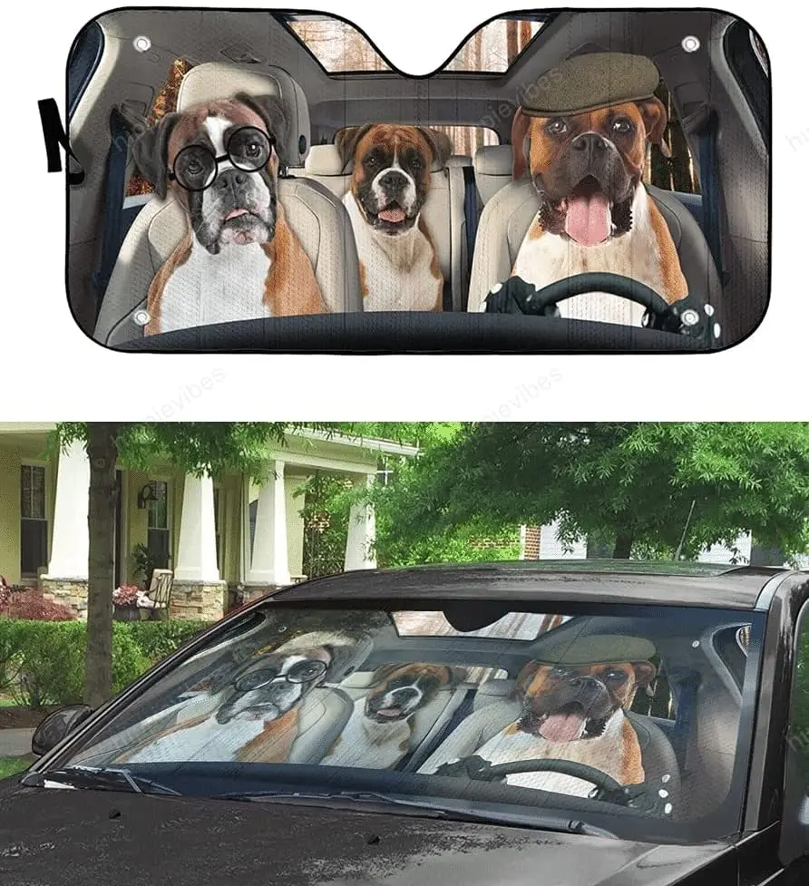 Boxers Family Driving Car Auto Windshield Sun Shade, Boxer Sunshade for