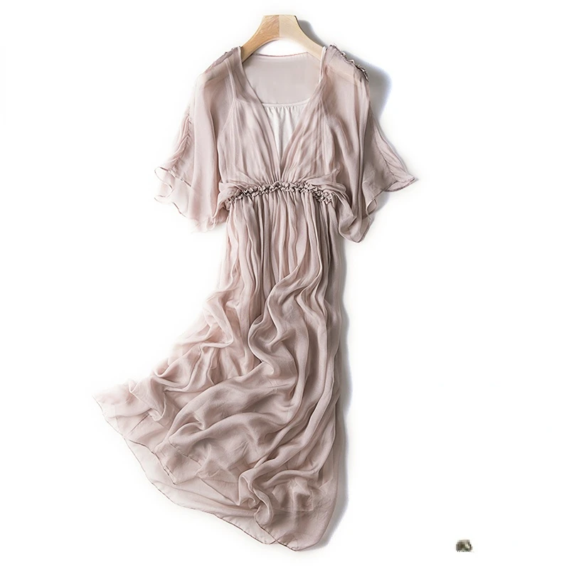

100% Real Mulberry Silk Dresses Women Clothes Summer White Dress Elegant Women's Dresses Fashion Sweet Loose Dress Vestido Mujer