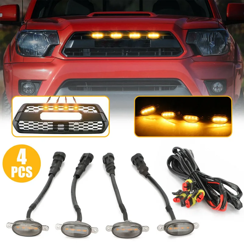 

4Pcs Smoked Lens Amber Car Front LED Grille Light Universal Wire Harness Daytime Running Lamp 12V for Modify Off-road Vehicles