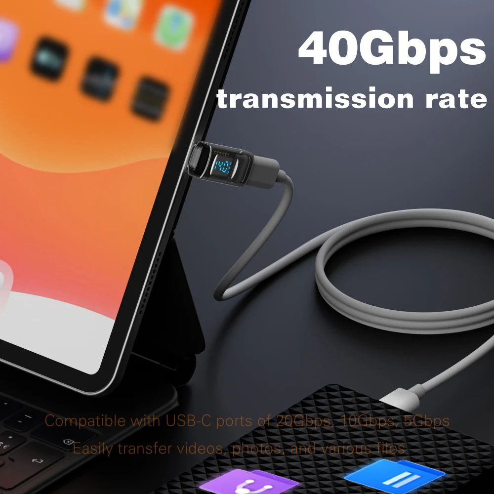 USB4 직각 어댑터 40Gbps 140W PD 썬더볼트 4 엘보 어댑터 90도 U자형 타입-C to C 커넥터 LED 디스플레이 포함