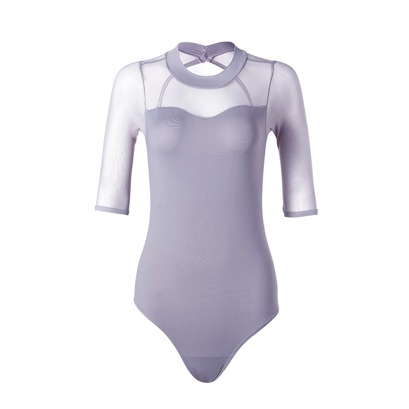 

Summer Women's Grey Ballet Leotard with Mesh Mid Sleeves Adult New Ballet Dance Practice Bodysuit Performance Dancewear W22104