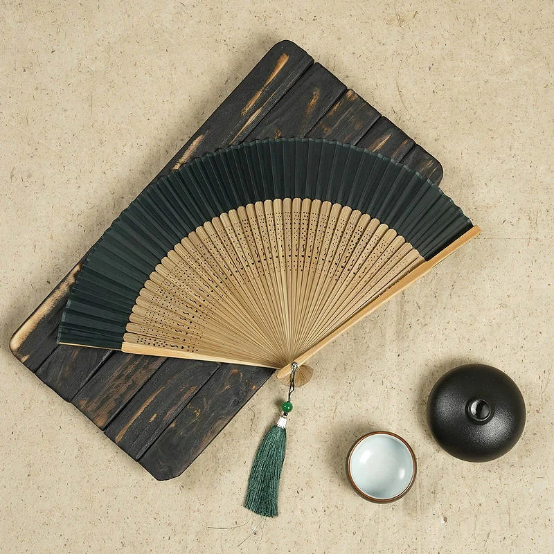 Folding Fan Retro Japanese Style Classical Wooden Shank Hand Held Tessel Female Party Dance Gift Home Decor