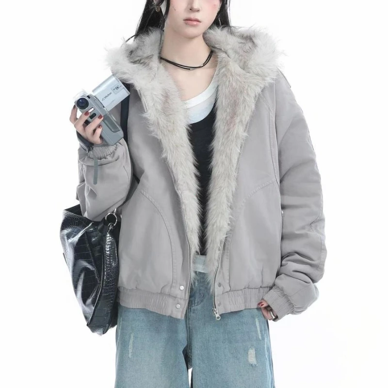 American Harajuku Warm Jacket Mens and Womens Retro Simple Plush Jacket with New Loose Leather Motorcycle Punk Fur Collar Jacket