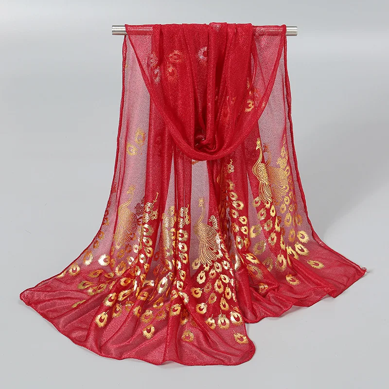 

170x60cm Chiffon Long Scarves Glitter Thin Muffler Gold Peacock Print Wrap Shawl Georgette Scarf Solid Color Hijab Scarf