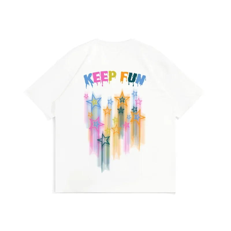 

Men's Street Graffiti T-Shirt, Colorful Star Print, Double Yarn Combed Cotton, Loose Round Neck, Unisex