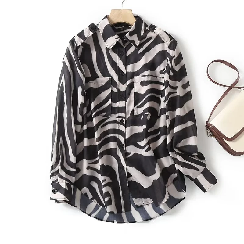 

Dave&Di French Retro Fashion Ladies Shirt Loose Printed Chiffon Casual Commuter Shirt Top Women