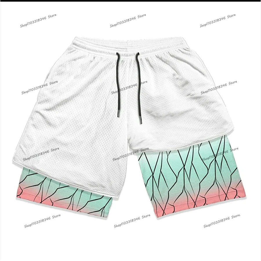 Japanese Anime Elements Men's 2 in 1 Tight Shorts Gym Workout Summer Running Shorts Basketball Sports Quick Drying Y2k