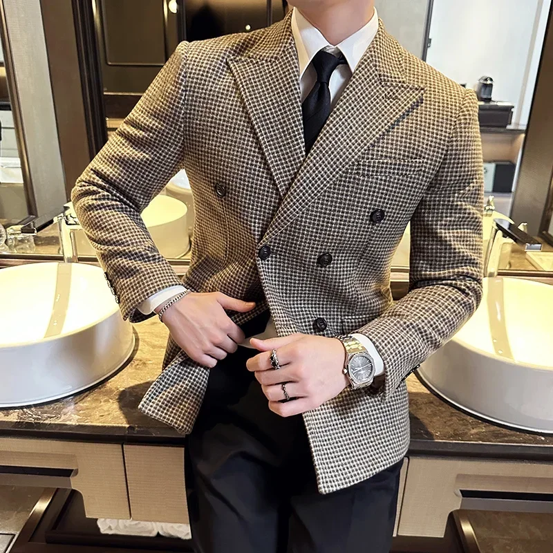 

British Style Men Double Breasted Slim Fit Blazer 2023 New Houndstooth Slim Fit Suit Jacket Formal Business Wedding Dress Jacket