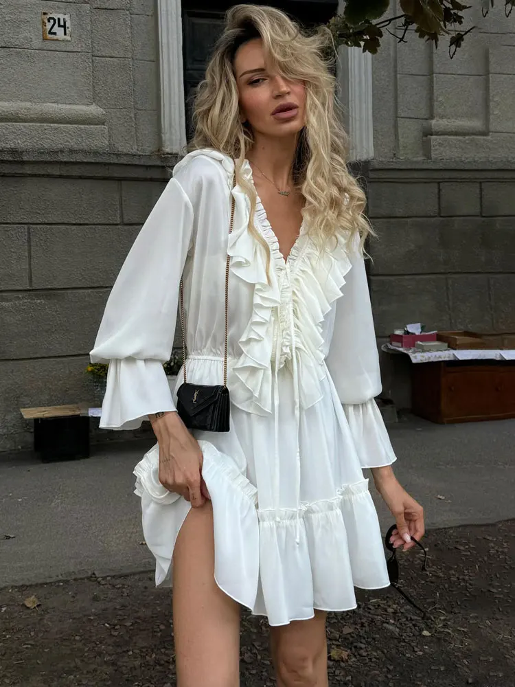 Posijego Women's Wrap V Neck Mini Dress Long Sleeve Ruffle Hem A-Line Dress Belted Flowy Skater Dresses