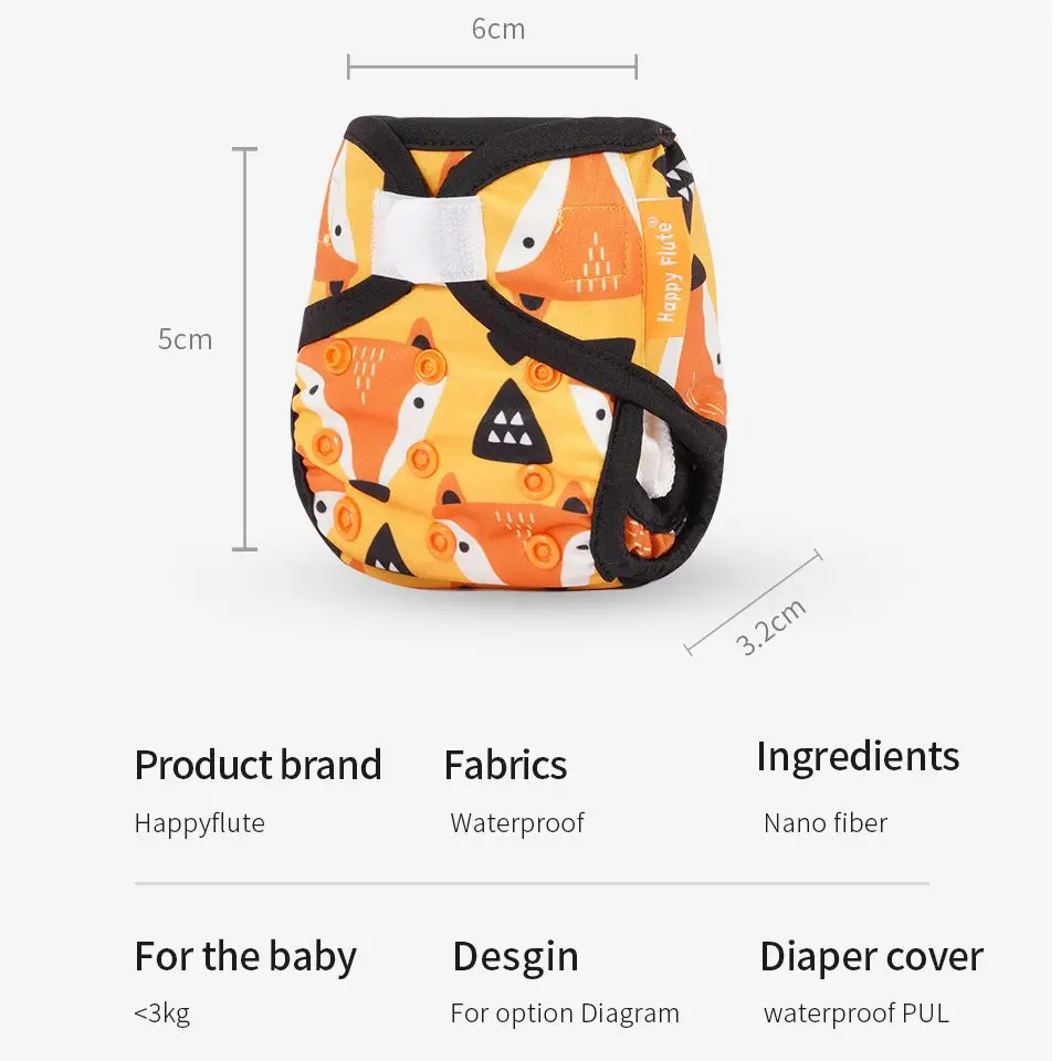 Happyflute 0-3Kg Pasgeboren Luier Cover Met Insert Wasbare Gedrukt Verstelbare Baby Nappy Herbruikbare Luiers