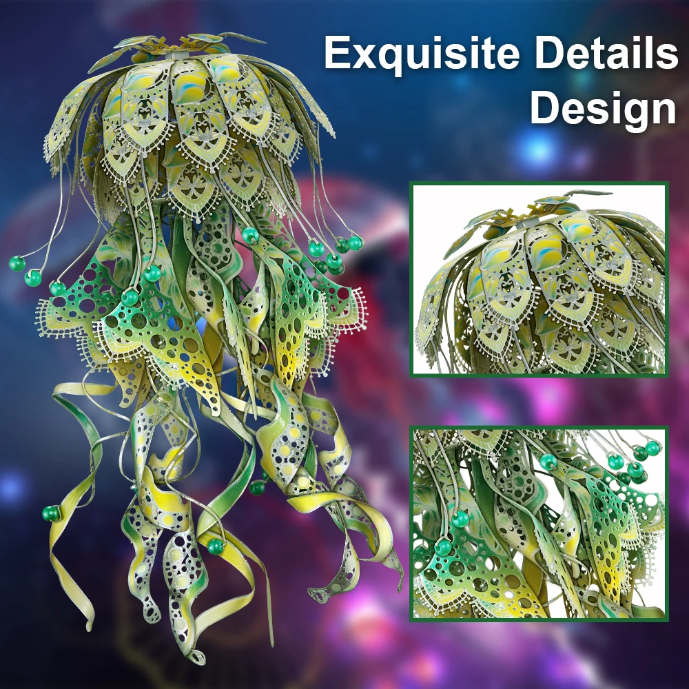 Artistic presentation of completed 3D metal jellyfish puzzle in display setting