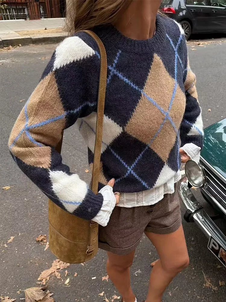 2025 New Women Vintage British Style Knitted Top Elegant Argyle Printed Fashion Pullover Sweater Casual Soft Ladies Knitwear