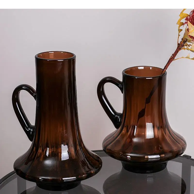 

Creative Brown Pot Vase with Handle Desk Decoration Floral Vases Hydroponics Glass Flower Pots Decorative Flower Arrangement