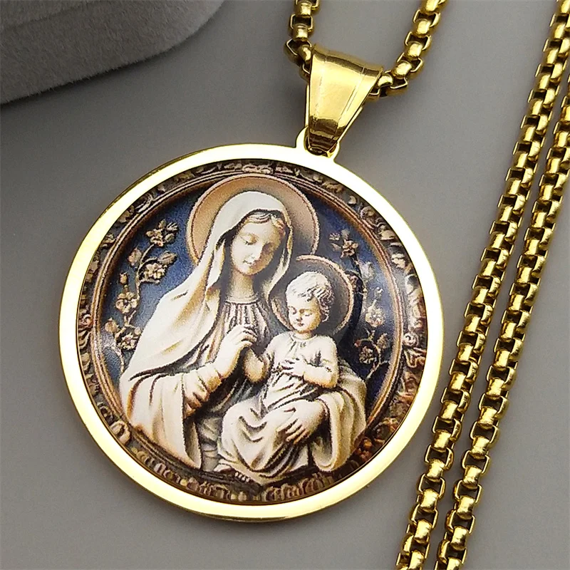 Virgin Mary Hold Baby Jesus Glass Round Medal Pendant Necklace for Women Men Stainless Steel Gold Color Catholic Amulet Jewelry 3