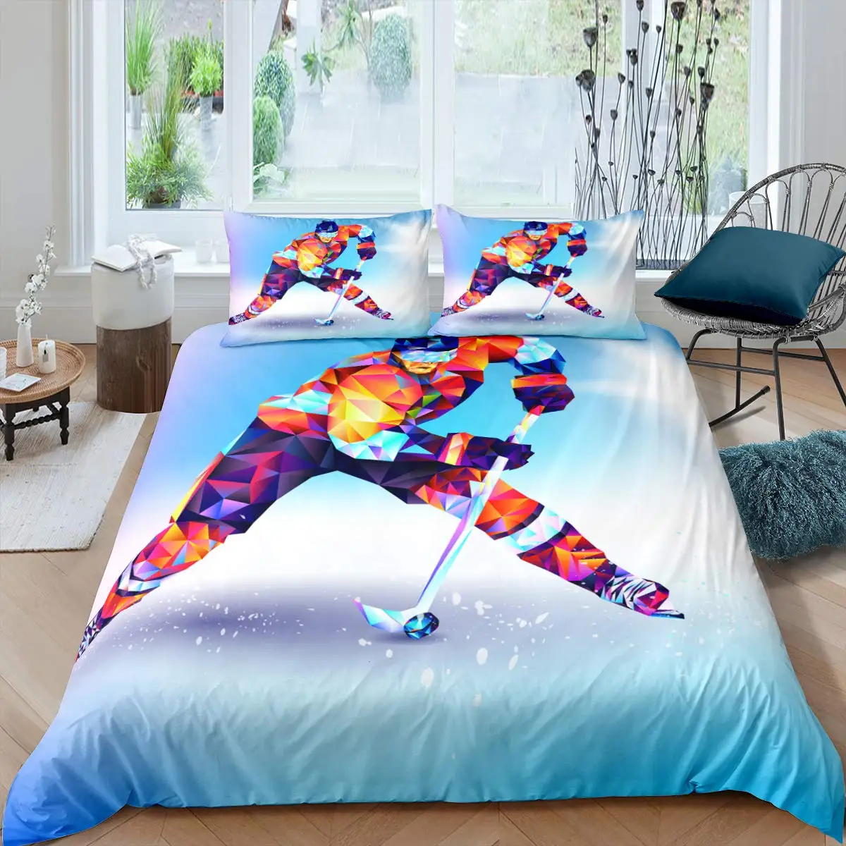 Ice Hockey Duvet Cover Set Boys Puck King Size Sports Games Theme Bedding Set For Kids Youth Adult Men Winter Match Quilt Cover 4