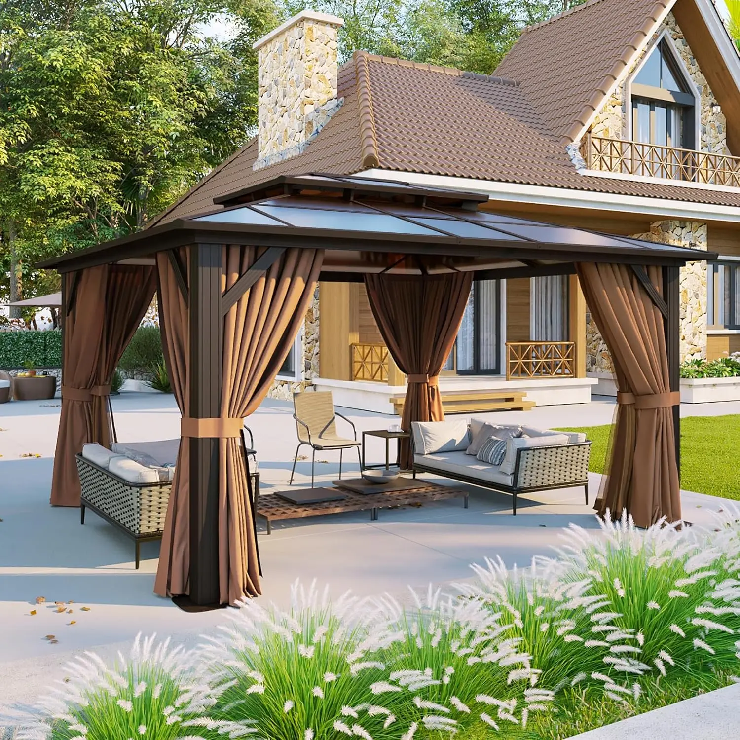 12'x14' Hardtop Gazebo, Aluminum Frame Permanent Pavilion with Curtains and Netting, Designed for Garden, Brown 2