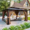 12'x14' Hardtop Gazebo, Aluminum Frame Permanent Pavilion with Curtains and Netting, Designed for Garden, Brown 2