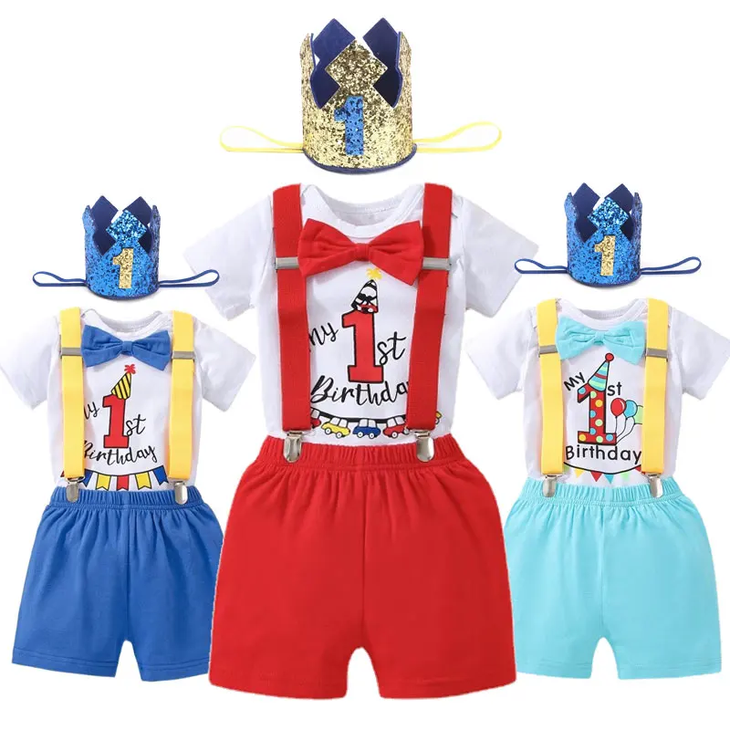 

Newborn Baby Smash Cake Outfit for Boy 1st Year Themed Birthday Party Romper with Suspenders Photography Props