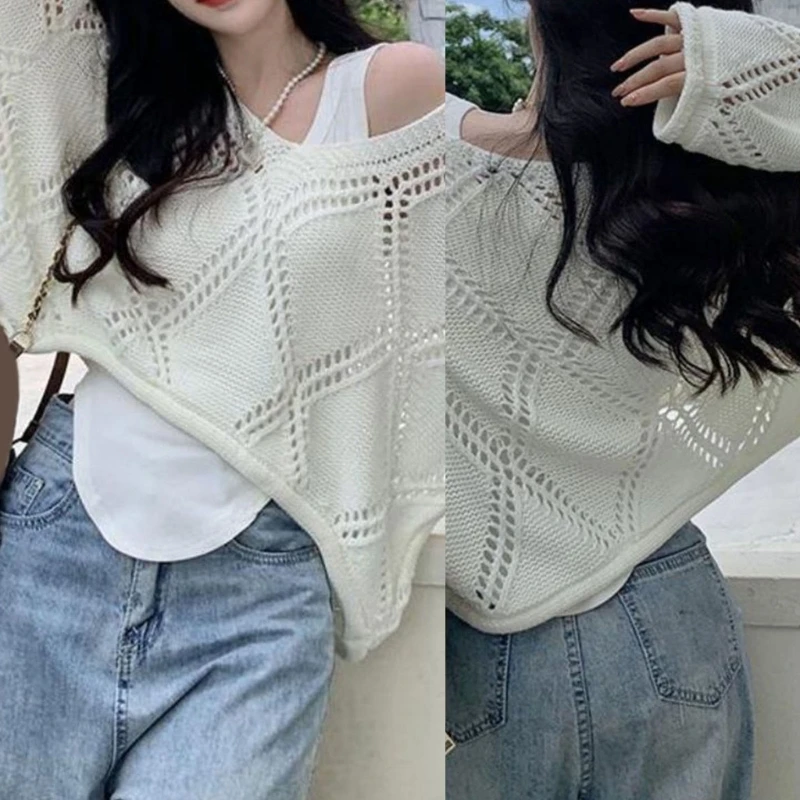 

Женская блузка в Корейском стиле, весенний осенний свитер с V-образным вырезом, короткий свитер с вырезами, джемпер с длинным рукавом, топы