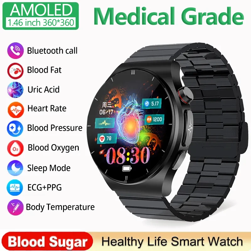 

2023 AI Medical Diagnosis Smart Watch Bluetooth Call Blood Sugar Blood Lipid Uric Acid Monitor HRV+ECG Smartwatch For Men Women