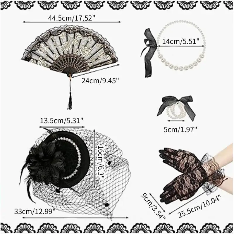 49MF Small Hat Mesh Lace Gloves & Imitation Pearl Necklace Set for Girls, 5 Pieces 20s Vintage Tea Party Accessories Set