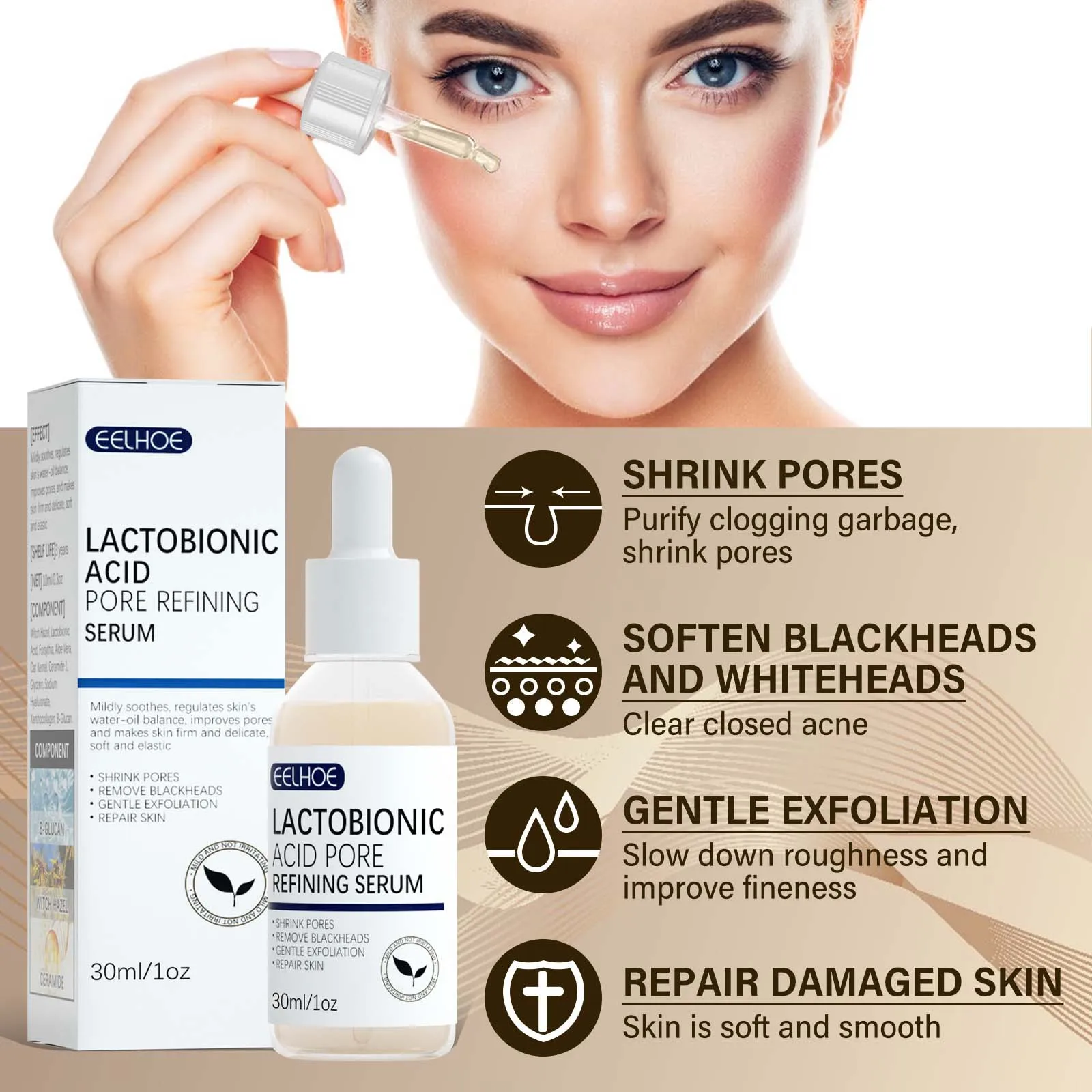 EELHOE Lactobionic Acid Pore Shrink Face Serum Skin Repair Remove Blackheads Acne Skin Care Lasting Moisturizing Korean Cosmetic 4