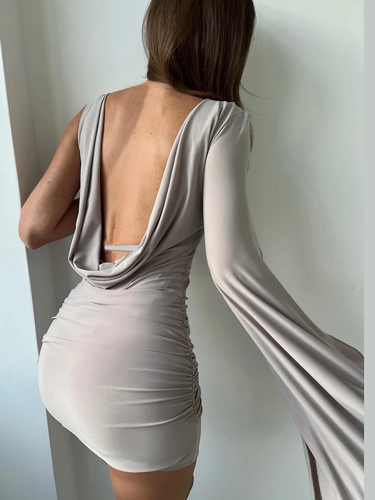 Nibber Fashion Sexy Backless Mini Dress Woman o-Neck One Shoulder Splits Sleeve Design Skinny Peach Hip Hot Girls Street Bodycon