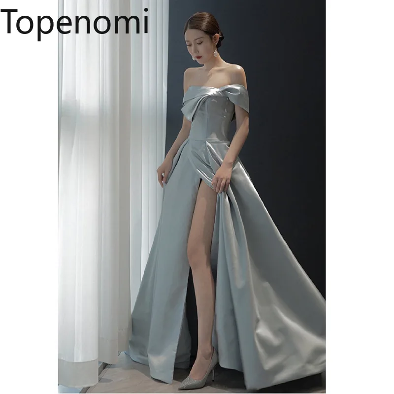 

Topenomi French Elegant Satin Split Banquet Evening Dress Women 2024 New Strapless Waist Slim Formal Dresses Wedding Party Gown