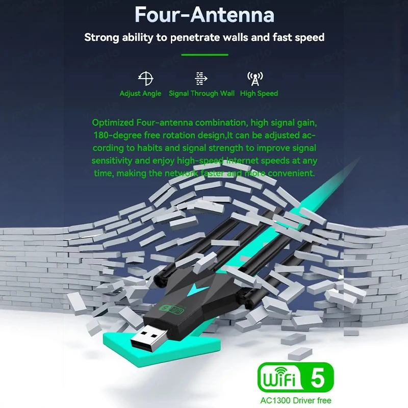2026 새로운 1PC 1300Mbps USB3.0 WiFi 어댑터 2.4G/5G 듀얼 밴드 무선 네트워크 동글 PC 노트북 드라이버용 4 안테나 수신기 무료