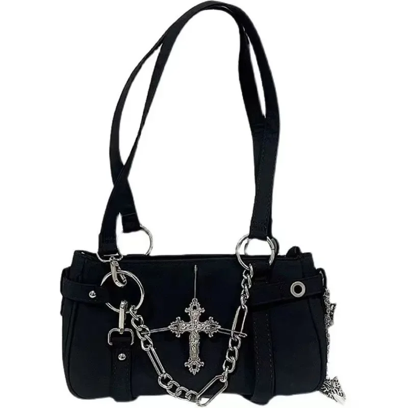 

Retro Cross Punk Y2k Gothic Locomotive Star Handbag Women Nylon Chain One Shoulder Cool Girl Large Capacity Wallet Crossbody Bag